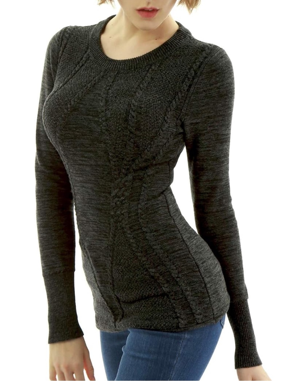 Charcoal Cable-Knit Long-Sleeve Women's Sweater